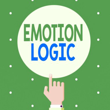 Duygusal Mantık 'ı gösteren metin işareti. Kavramsal fotoğraf: Kalp ya da Beyin Ruhu ya da Zeka Karmaşası Eşit Denge Erkek Hu Analizi İndeks parmağını işaret eden Düz Renk Çemberi.