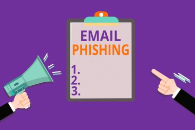Email Phishing 'i gösteren kavramsal el yazısı. Kötü amaçlı Hu analizi yapan web sitelerine bağlanabilecek iş fotoğrafı görüntüleme e- postaları Elleri Megafon Tutuyor Boş Pano Gösterme.