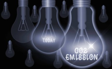 Mesaj işareti CO2 emisyonunu gösteriyor. Zamanla sera gazlarının atmosfere salınması kavramsal bir fotoğraf..