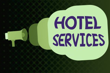 Otel Hizmetleri 'ni gösteren not yazıyorum. İş fotoğraflama tesisleri. Konaklama ve konaklama konaklama konutları. Megafon zarf üzerinde duyuru ve konuşma geliyor..