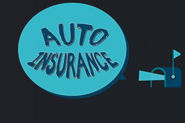 Sözcük yazma otomobil sigortası. Finansal kayıplara karşı korunma konsepti. Posta Kutusundaki Megafon. Doğrudan Pazarlama Direktörü Kutusu.