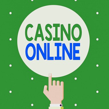 Online Kumarhane 'yi gösteren mesaj işareti. Kavramsal fotoğraf Bilgisayar Poker Oyunu Kraliyet Bahisleri Piyango Yüksek Bahisler Erkek Hu Analizi İndeks Parmakla İşaret Etme Katı Renk Çemberi.