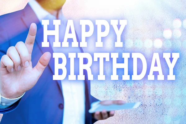 Szóírás szöveg Boldog szülinapot. Üzleti koncepció Az egyén születésének évfordulóját ajándékokkal ünneplik.. — Stock Fotó