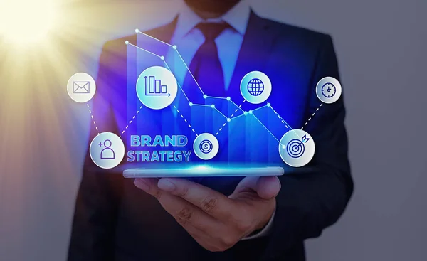 상품명은 브랜드 전략 (Brand Strategy) 이 다. 제품 마케팅을 위한 장기 마케팅 지원을 보여 주는 비즈니스 사진. — 스톡 사진