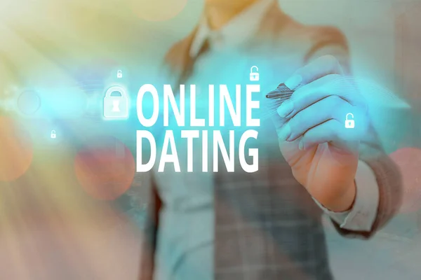Writing note showing Online Dating. Business photo showcasing Searching Matching Relationships eDating Video Chatting. — Stock Photo, Image