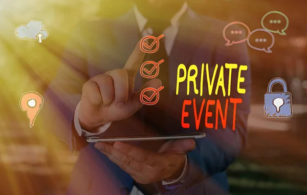 Text sign showing Private Event. Conceptual photo Exclusive Reservations RSVP Invitational Seated. — Stock Photo, Image