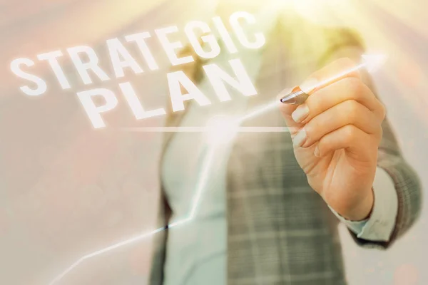 Text sign showing Strategic Plan. Conceptual photo A process of defining strategy and making decisions. — Stock Photo, Image