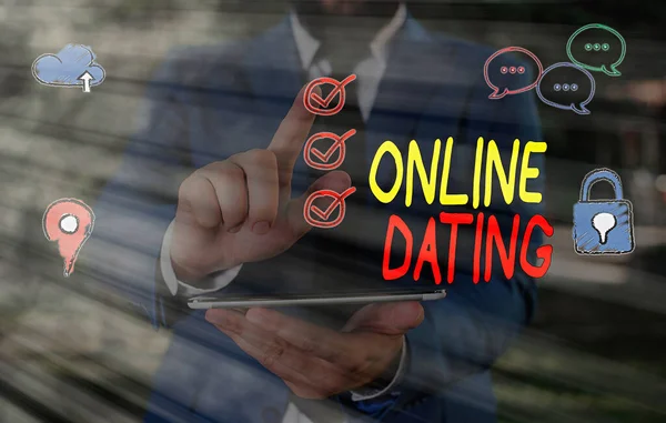 Text sign showing Online Dating. Conceptual photo Searching Matching Relationships eDating Video Chatting. — Stock Photo, Image