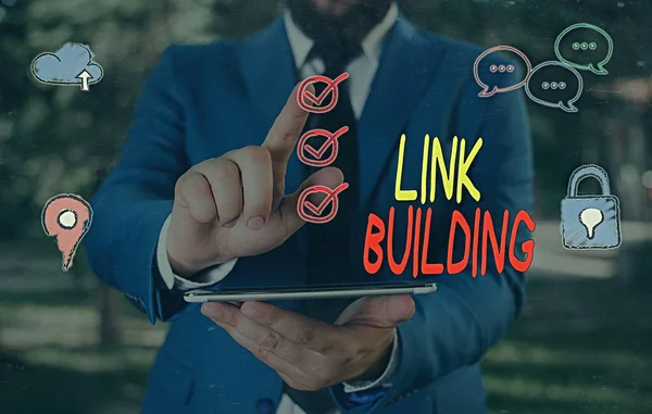 A Link Building feliratot mutatja. Fogalmi fotó SEO határidős tőzsde Linkek Szerzés Hyperlinks Indexed. — Stock Fotó