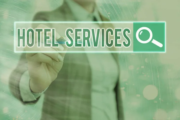Ordskrivning text Hotel Services. Affärsidé för faciliteter Faciliteter i inkvarterings- och logihus. — Stockfoto