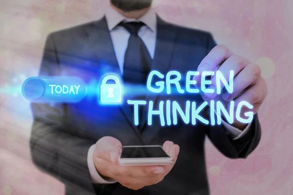 Κείμενο γραφής λέξεων Πράσινη Σκέψη. Επιχειρηματική έννοια για τη λήψη υπόψη για να γίνει πραγματικότητα η περιβαλλοντική ευθύνη. — Φωτογραφία Αρχείου