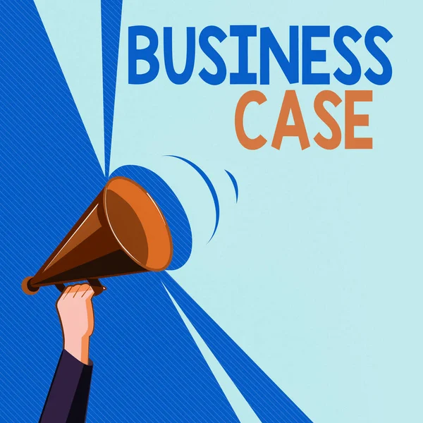 Text sign showing Business Case. Conceptual photo Proposition Undertaking Verbal Presentation New Task Hu analysis Hand Holding Upward Megaphone with Volume Sound Range Pitch Power.