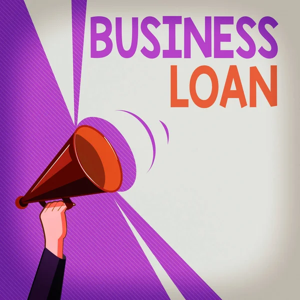 Textzeichen mit einem Business Loan. Konzeptfoto Credit Mortgage Financial Assistance Cash Advances Debt Hu Analyse Hand Holding Upward Megaphon mit Volumen Sound Range Pitch Power. — Stockfoto