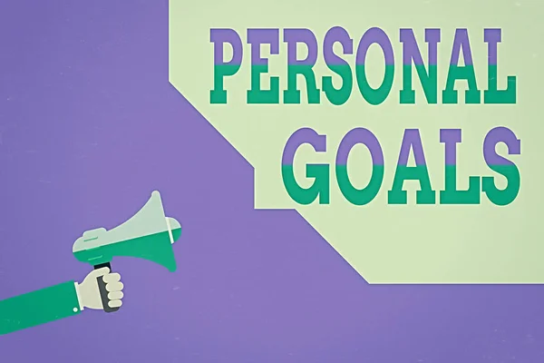 Handwriting text writing Personal Goals. Concept meaning Target set by an individual to influence his efforts Motivation Hu analysis Hand Hold Megaphone with Sound icon and Bubble.