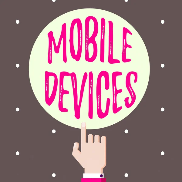 Conceptual hand writing showing Mobile Devices. Business photo text A portable computing device like smartphone tablet computer Hand Pointing up Index finger Touching Solid Color Circle. — Stock Photo, Image