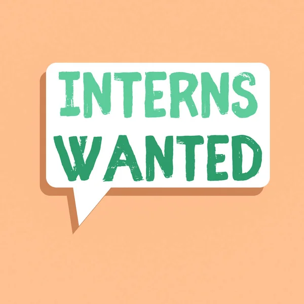 Handwriting text writing Interns Wanted. Concept meaning Looking for on the job trainee Part time Working student Rectangular Speech Bubble in Solid Color and Shadow Visual Expression.