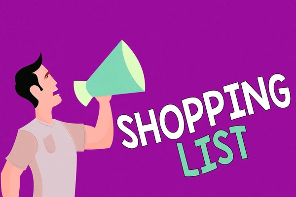 Text sign showing Shopping List. Conceptual photo Discipline approach to shopping Basic Items to Buy Man in Shirt Standing Talking Holding a Megaphone Male Calling Out onto. — Stock Photo, Image