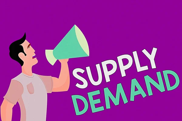 Text sign showing Supply Demand. Conceptual photo Relationship between the amounts available and wanted Man in Shirt Standing Talking Holding a Megaphone Male Calling Out onto.