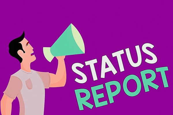 Text sign showing Status Report. Conceptual photo Update Summary of situations as of a period of time Man in Shirt Standing Talking Holding a Megaphone Male Calling Out onto.