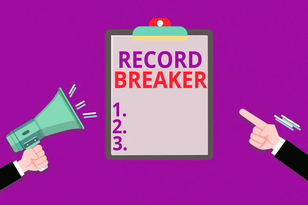 Konceptuell handstil som visar Record Breaker. Affärsfoto visa upp någon eller något som slår tidigare bästa resultat Hu analys Hands Holding Megaphone Peka Blank Urklipp. — Stockfoto