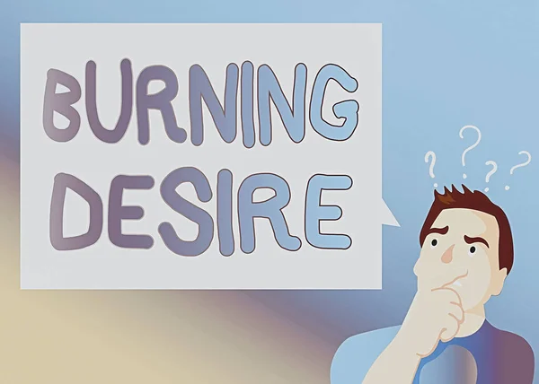 Textskylt som visar Burning Desire. Konceptuell bild Extremt intresserad av något Efterlyst det väldigt mycket Man Uttrycka förvirrad hand på mun Fråga Mark ikon Blank Text Bubble. — Stockfoto