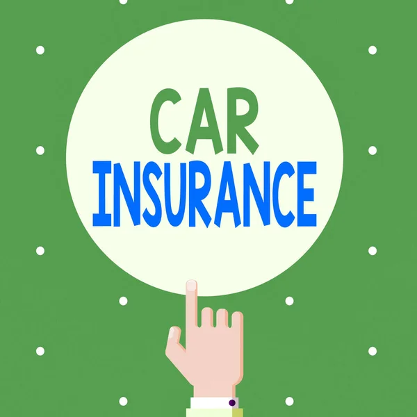 Text sign showing Car Insurance. Conceptual photo Accidents coverage Comprehensive Policy Motor Vehicle Guaranty Male Hu analysis Hand Pointing up Index finger Touching Solid Color Circle. — Stock Photo, Image