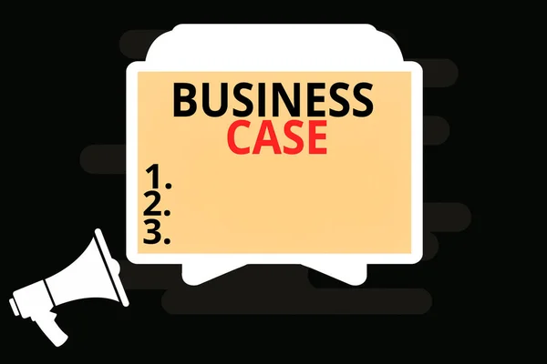 Handstilstext Business Case. Begreppet förslag Företag Muntlig presentation Nya uppgifter Megafon och blankskärm Tablet Horisontellt vilande på monterhållaren. — Stockfoto
