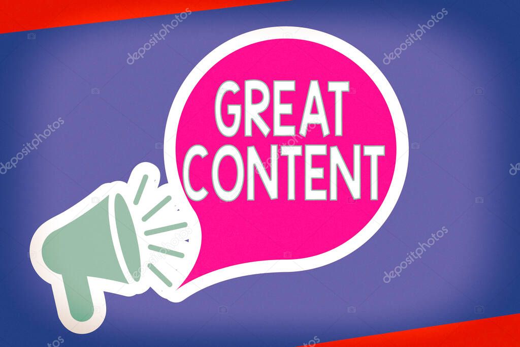 Handwriting text writing Great Content. Concept meaning Satisfaction Motivational Readable Applicable Originality Megaphone with Loudness icon and Blank Speech Bubble in Sticker Style.