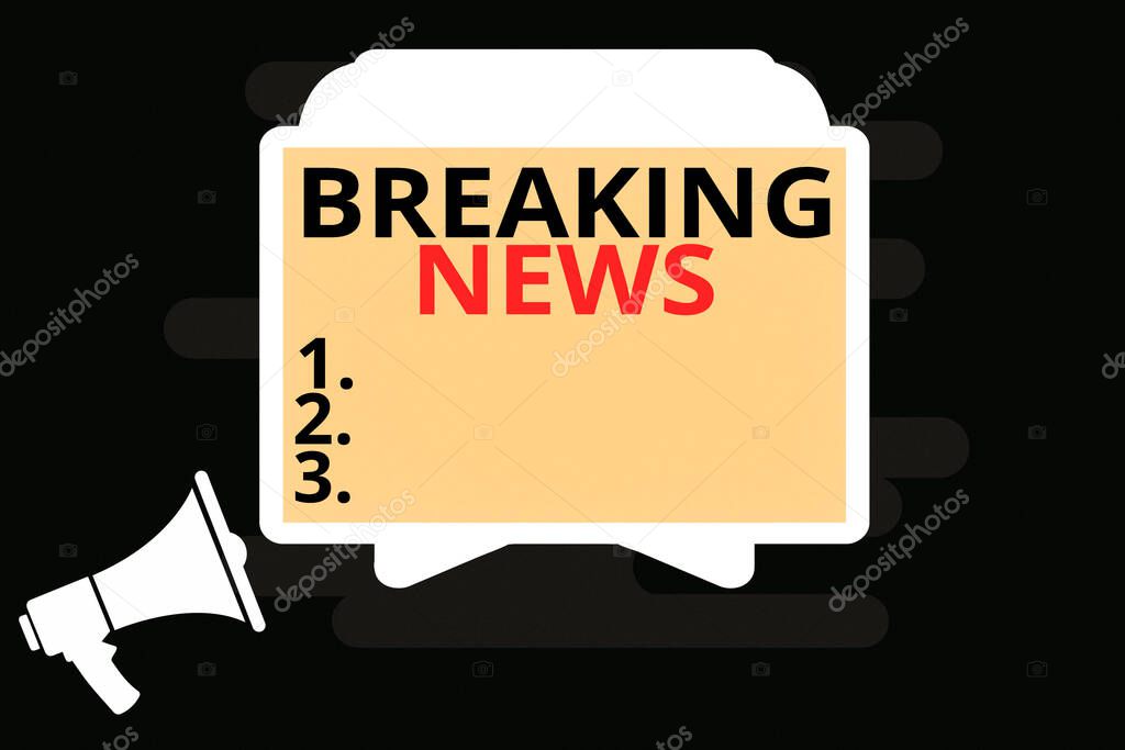 Handwriting text Breaking News. Concept meaning Special Report Announcement Happening Current Issue Flashnews Megaphone and Blank Screen Tablet Horizontally Resting on Stand Holder.