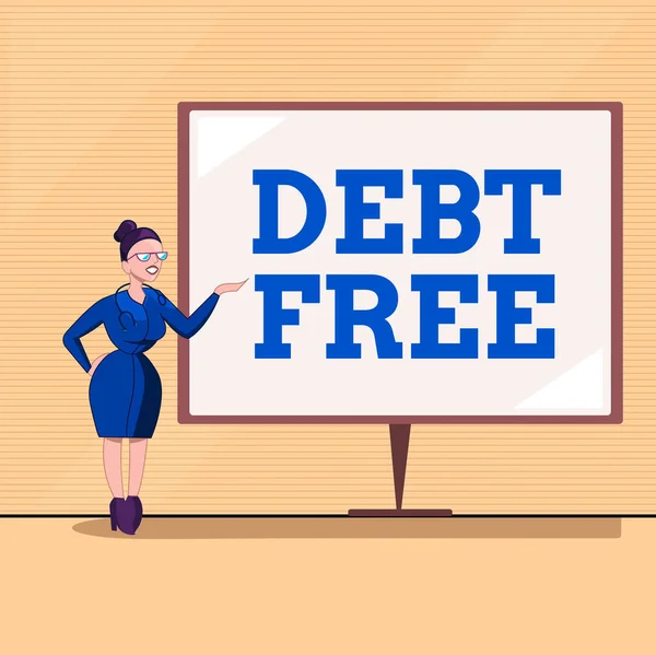 Text sign showing Debt Free. Conceptual photo does not owning any money to any individual or companies Female Doctor with Stethoscope Standing Hand Presenting Blank Whiteboard.