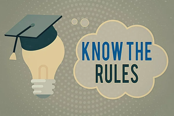 Handwriting text writing Know The Rules. Concept meaning set explicit or regulation principles governing conduct 3D Graduation Cap Thinking Resting on Bulb with Blank Cloud Thought Bubble. — Stock Photo, Image
