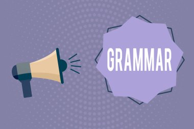 Gramer dersini gösteren bir not yazıyorum. Ses cildi efekti simgesi ve Boş 8 Noktalı Yıldız şekilli tüm sistem yapı dili sözdizimi ve morfoloji megafonunu gösteren iş fotoğrafı.