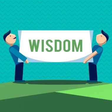 Metin işareti bilgeliği gösteriyor. Kavramsal fotoğraf kalitesi deneyim ve iyi muhakeme yeteneğine sahip iki adamın her iki tarafta dikdörtgen boş panel taşıması gibi bir şey..