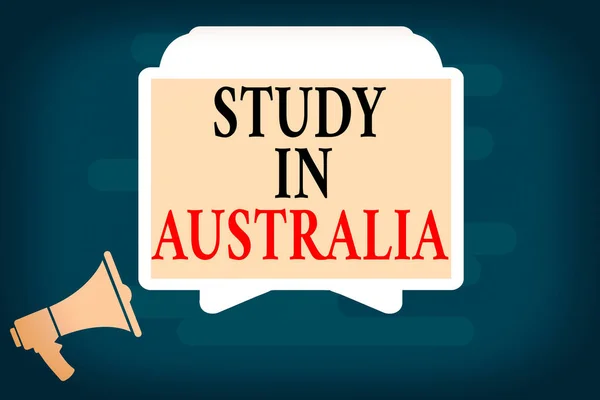 Handwriting text writing Study In Australia. Concept meaning going into foreign country order complete your studies Megaphone and Blank Screen Tablet Horizontally Resting on Stand Holder.