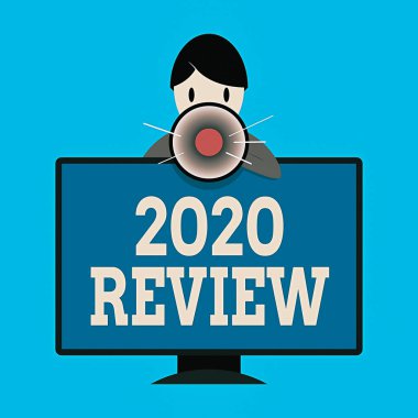 Kelime yazma metni 2020 Review. Geçen yılki olayları hatırlamak için iş konsepti. Ana eylemler ya da iyi programlar. Monte edilmiş PC Monitör Konuşmaları ve Megafon Tutma Arkasında duran Adam.