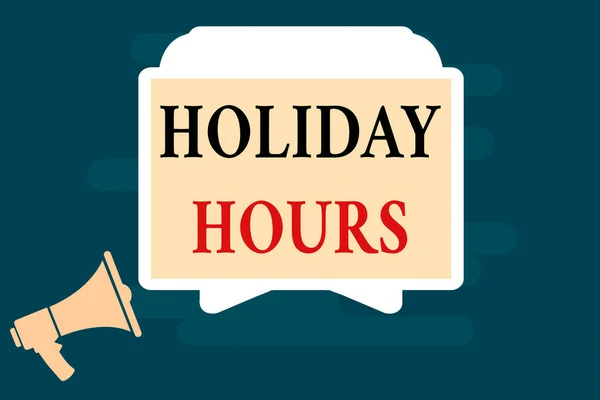 Holiday Hours 'un el yazısı. Kavram, esnek çalışma programları altında çalışanlar için fazla mesai anlamına geliyor. Megafon ve Boş Ekran Tableti Yatay Olarak Duruş Tutucuya Dinleniyor. — Stok fotoğraf