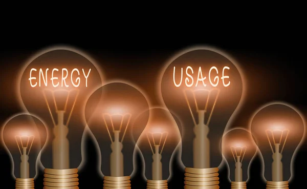 Signo de texto que muestra el uso de energía. Foto conceptual Cantidad de energía consumida o utilizada en un proceso o sistema . —  Fotos de Stock