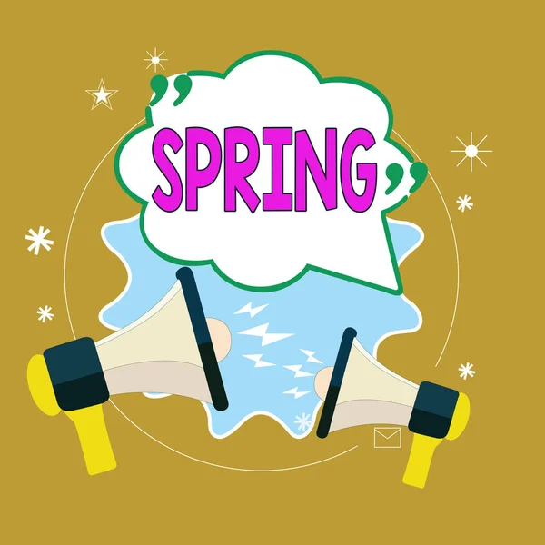 Text sign showing Spring. Conceptual photo the season after winter in which vegetation begins to appear Blank Speech Bubble with Quotation Mark Two Megaphones shouting and Arguing. — Stock Photo, Image