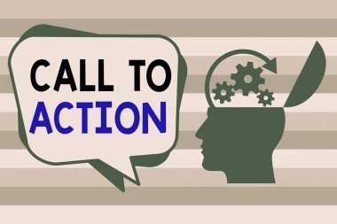 Call To Action 'ı gösteren kavramsal el yazısı. İş fotoğrafı önerisi sorunlu Hu analizi için bir şeyler yapın. Siluet Üst Kapak Gears ve Bubble ile Açık.