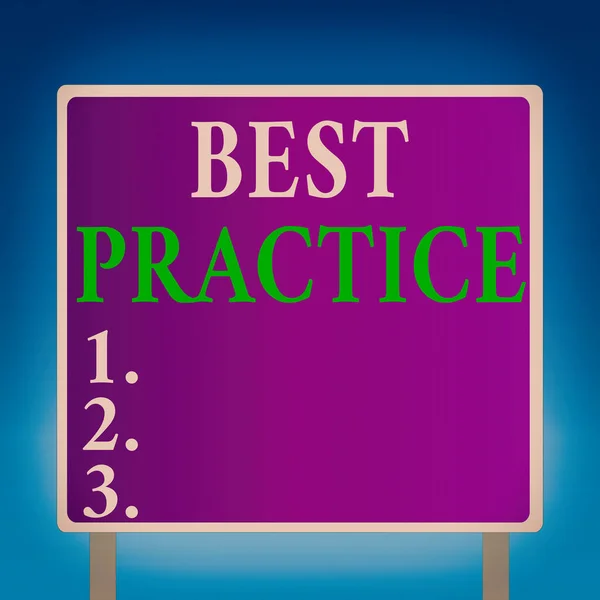 Conceptual hand writing showing Best Practice. Business photo text commercial procedures accepted prescribed being correct Square Billboard Standing with Frame Border Outdoor Display. — Stock Photo, Image