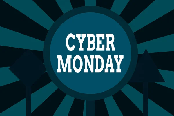 Text sign showing Cyber Monday. Conceptual photo Marketing term for Monday after thanksgiving holiday in the US Three Blank Safety Road signs One lighted and two dark Street Signage. — Stock Photo, Image