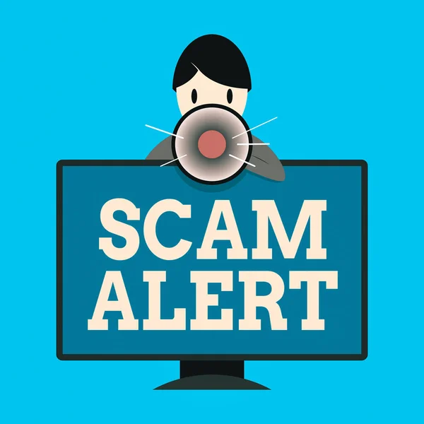 Word writing text Scam Alert. Geschäftsidee für betrügerische Geldbeschaffung vom Opfer, indem man ihn überredet, hinter einem montierten PC-Monitor zu stehen und Megafon zu halten. — Stockfoto