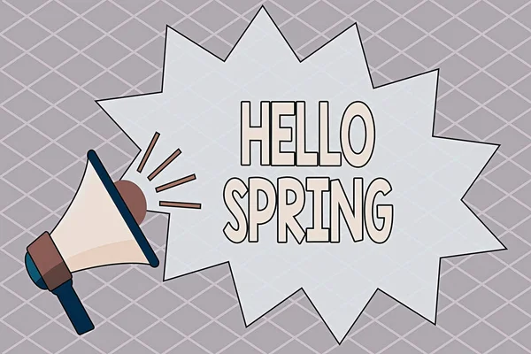 Conceptual hand writing showing Hello Spring. Business photo text Welcoming the season after the winter Blossoming of flowers Megaphone with Volume Sound Effect and Jagged Scream Bubble. — Stock Photo, Image
