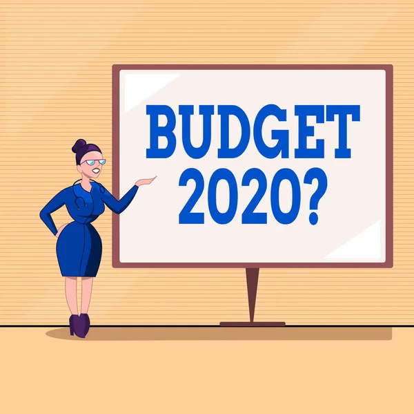 Text sign showing Budget 2020 Question. Conceptual photo estimate of income and expenditure for next year Female Doctor with Stethoscope Standing Hand Presenting Blank Whiteboard.