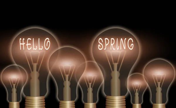 Znak tekstowy "Hello Spring". Koncepcyjne zdjęcie Powitanie sezonu po zimie Kwitnienie kwiatów. — Zdjęcie stockowe