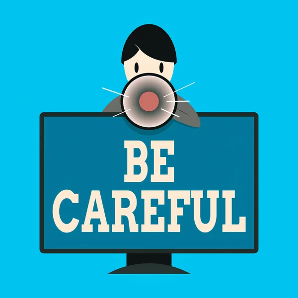 书写文字要小心。确保避免潜在危险、事故或伤害的商业概念安装在电脑显示器屏幕后面的人说话和拿着扩音器. — 图库照片