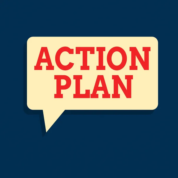 Text sign showing Action Plan. Conceptual photo proposed strategy or course of actions for certain time Rectangular Speech Bubble in Solid Color and Shadow Visual Expression.