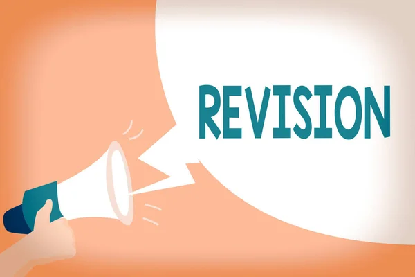 Handwriting text Revision. Concept meaning action of revising over someone like auditing or accounting Hu analysis Hand Holding Megaphone with Sound Effect and Blank Broadcast Bubble. — Stock Photo, Image