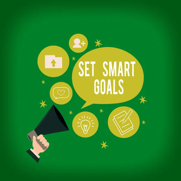 Fogalmi kézírás, amely bemutatja a Set Smart Goals-t. Business photo text list to clarify your ideas focus efforts use time wise Hand Holding Megafon Talking Különböző témák Beszédbuborék. — Stock Fotó