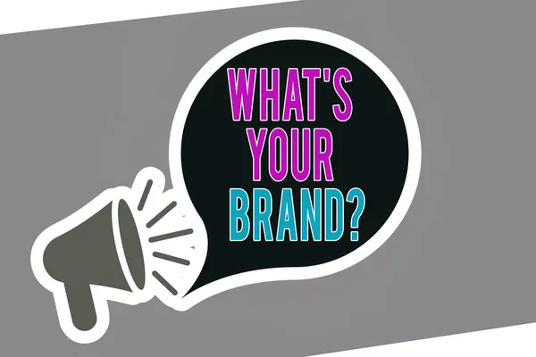 Text sign showing What S Your Brand Question. Conceptual photo asking about product logo does or what you communicate Megaphone with Loudness icon and Blank Speech Bubble in Sticker Style. — Stock Photo, Image